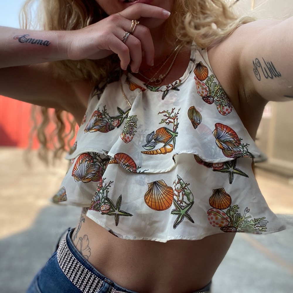 Urban renewal halter ruffled silk seashell printed top